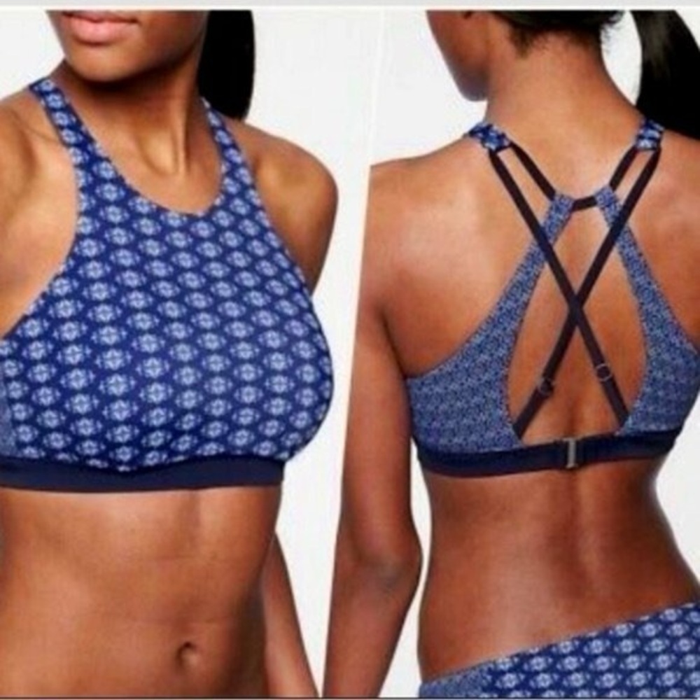 Athleta Tangier High Neck Underwire Bikini Top Swim Blue White Pattern 32 B/C